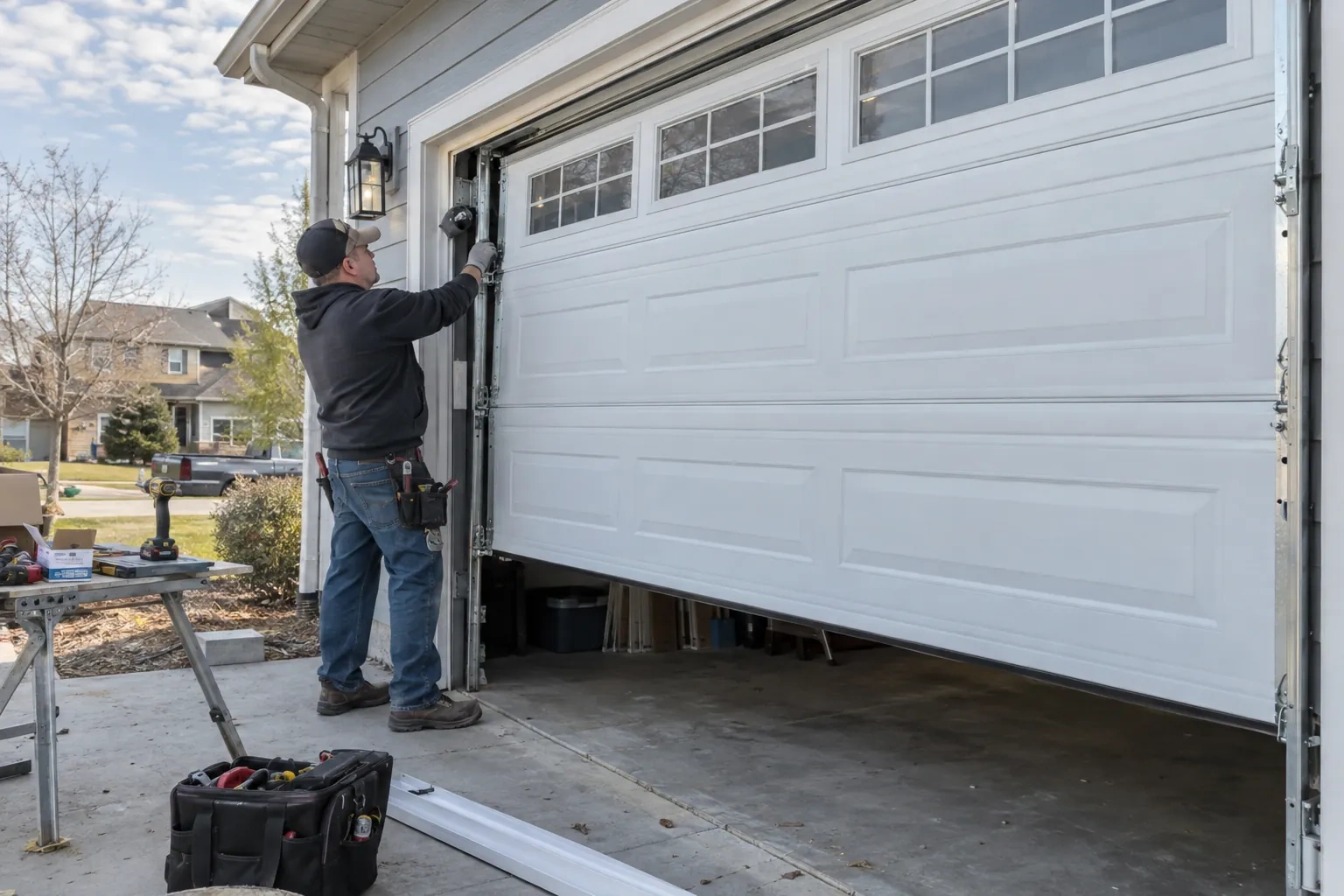 Illustrative garage doors scene; not an actual job