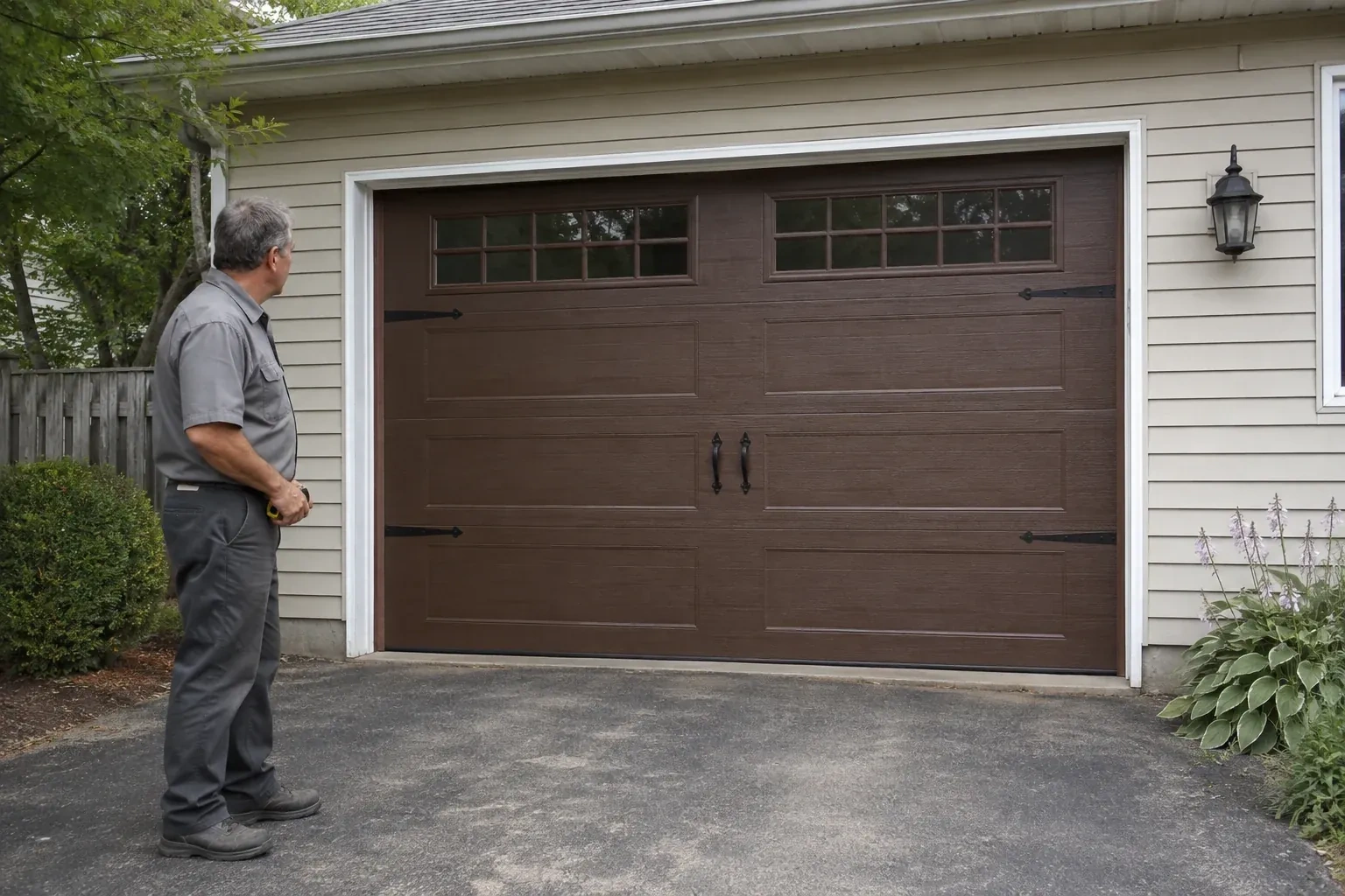 A person stands beside a closed brown garage door with upper windows and black decorative straps and handles. — Carriage-House Garage Door Installation, Collingwood