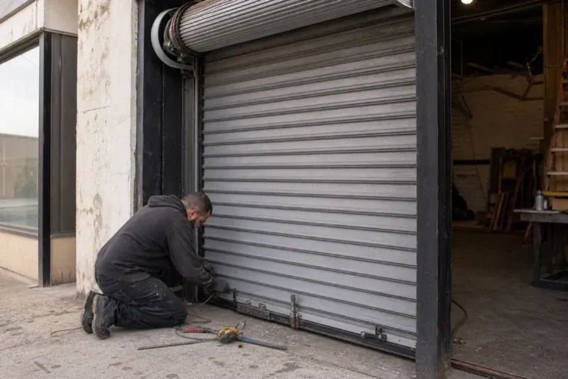 Person kneeling beside the bottom of a metal rolling door with tools on the ground — Commercial Rolling Door Repair, Collingwood