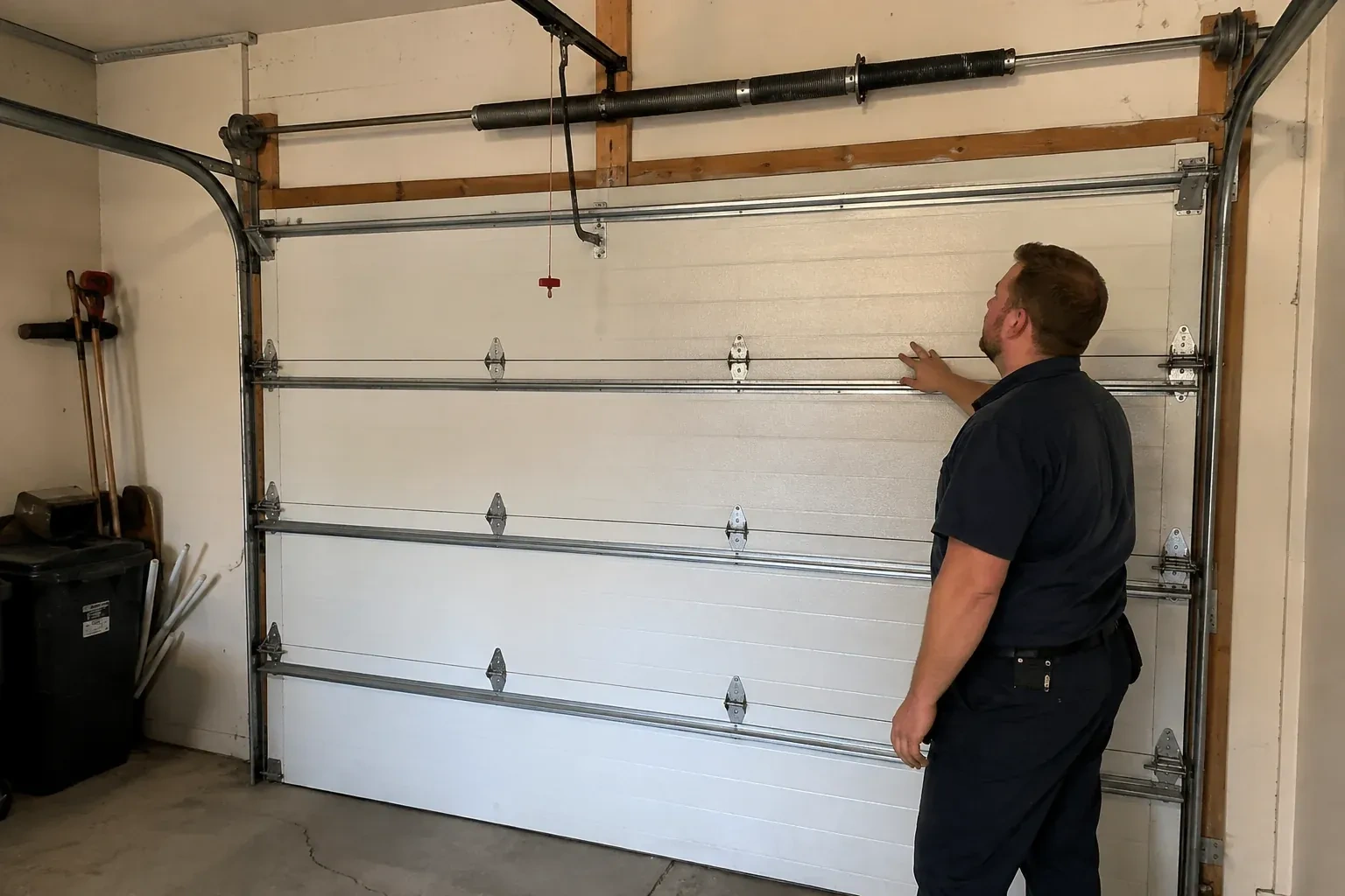 A person stands beside a closed sectional door beneath its overhead spring assembly. — Garage Door Balance Adjustment, Collingwood