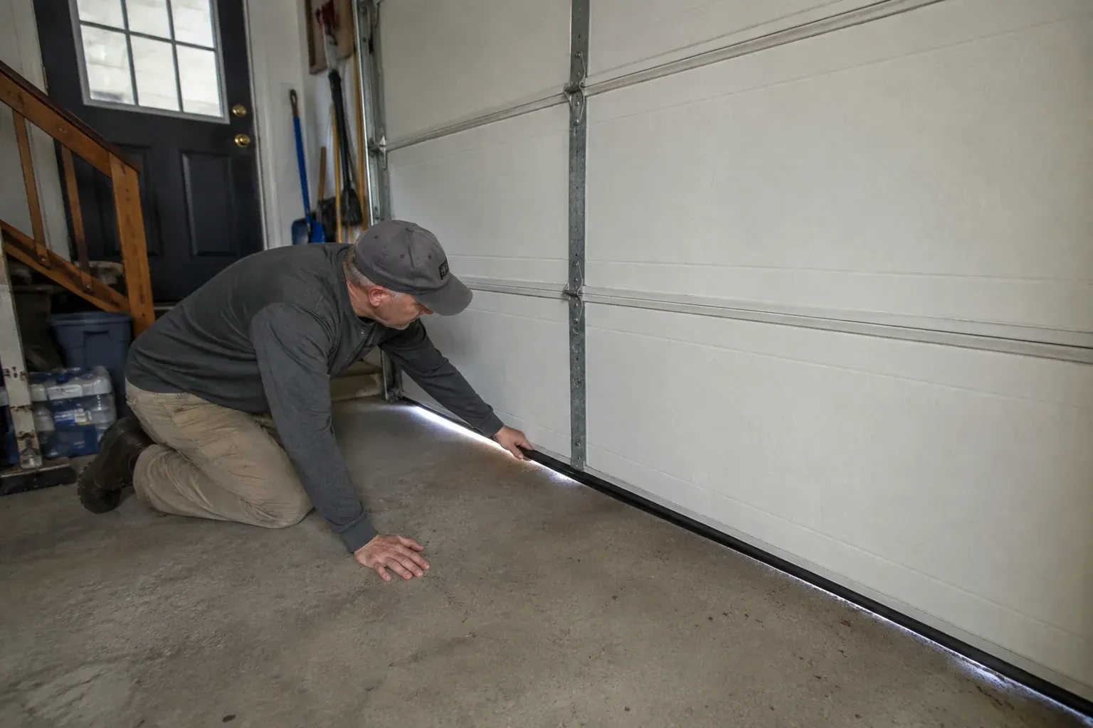 A person kneels beside the black bottom seal of a garage door, with daylight visible beneath the edge. — Garage Door Bottom Seal Replacement, Collingwood