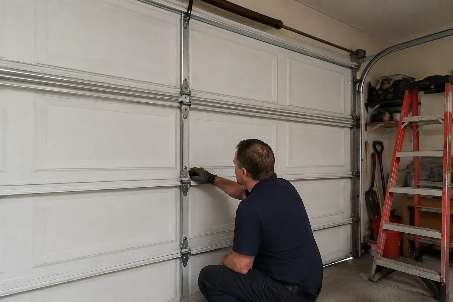 A person examines a central hinge joining two sections of a closed garage door. — Garage Door Hinge Replacement, Collingwood