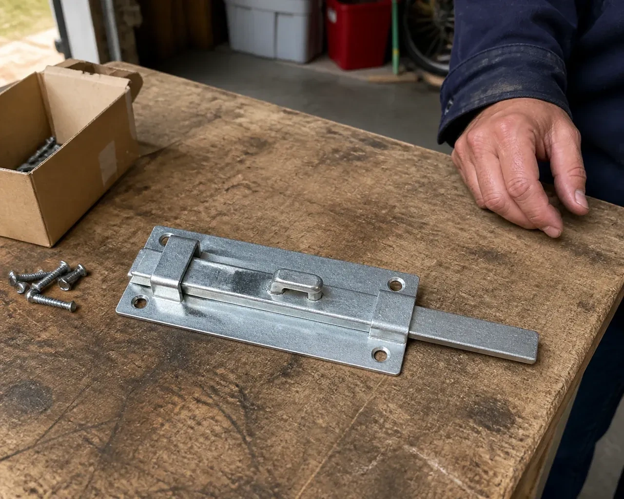 A detached metal slide bolt with mounting holes and retaining guides rests beside screws on a workbench. — Garage Door Manual Lock Repair, Collingwood
