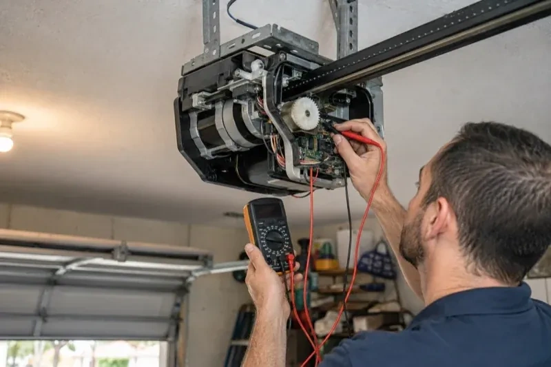 Person holding a multimeter and a red probe near the exposed circuit board of an overhead garage-door opener. — Garage Door Opener Diagnosis and Repair, Collingwood