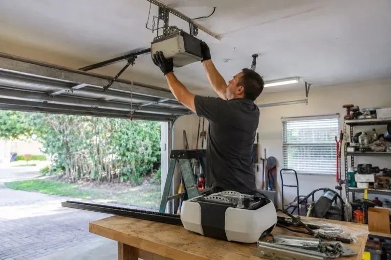 Person holding an overhead garage-door opener beside another opener and hardware on a workbench — Garage Door Opener Replacement, Collingwood