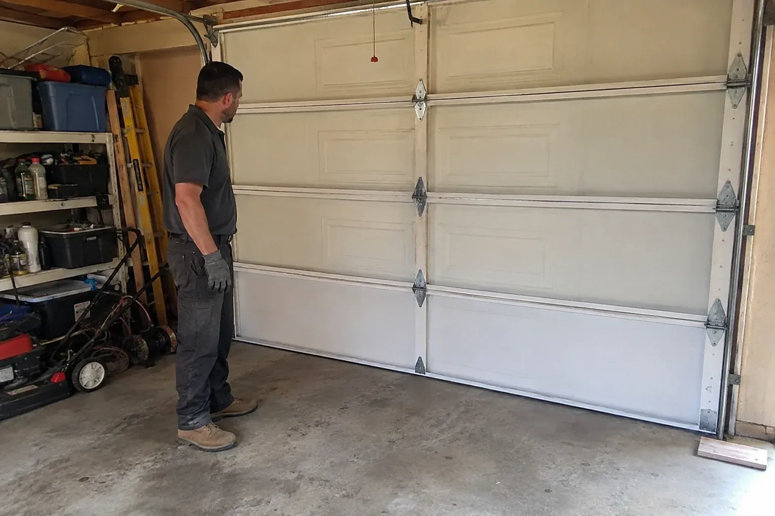 A person examines the interior panels and hinges of a closed sectional garage door. — Garage Door Panel Replacement, Collingwood