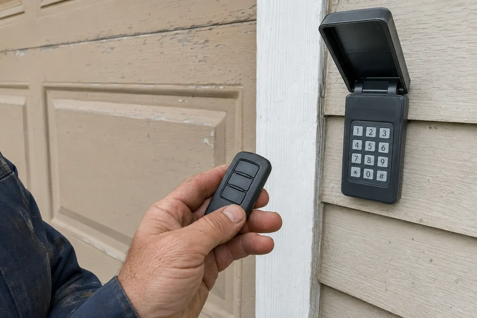 A hand holds a three-button remote beside an exterior garage keypad with its cover open. — Garage Door Remote and Keypad Programming, Collingwood