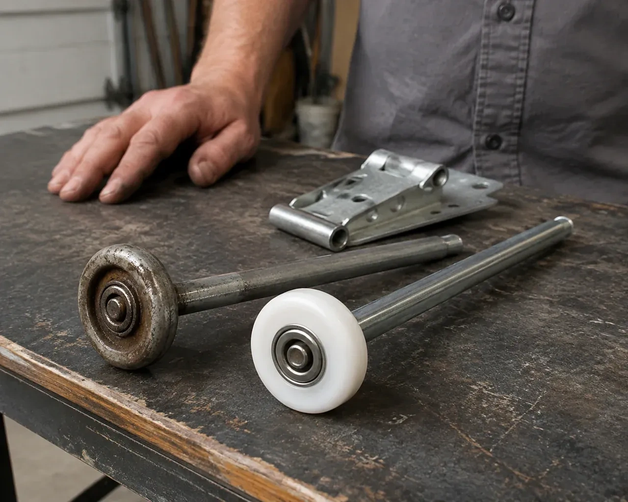 Steel and nylon garage-door rollers with long stems lie beside a detached hinge on a workbench. — Garage Door Roller Replacement, Collingwood