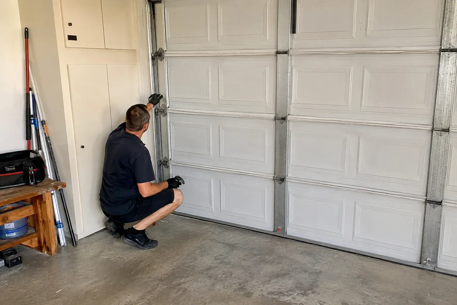 A person kneels beside the side track and hinges of a closed sectional garage door. — Garage Door Safety Inspection, Collingwood
