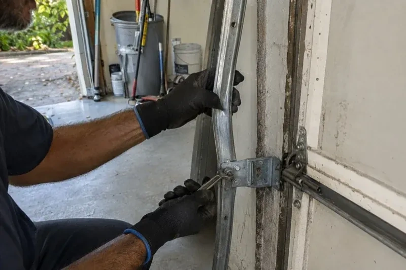 Gloved hands holding a vertical garage-door track and a wrench at its mounting bracket beside a door hinge. — Garage Door Track Repair or Replacement, Collingwood