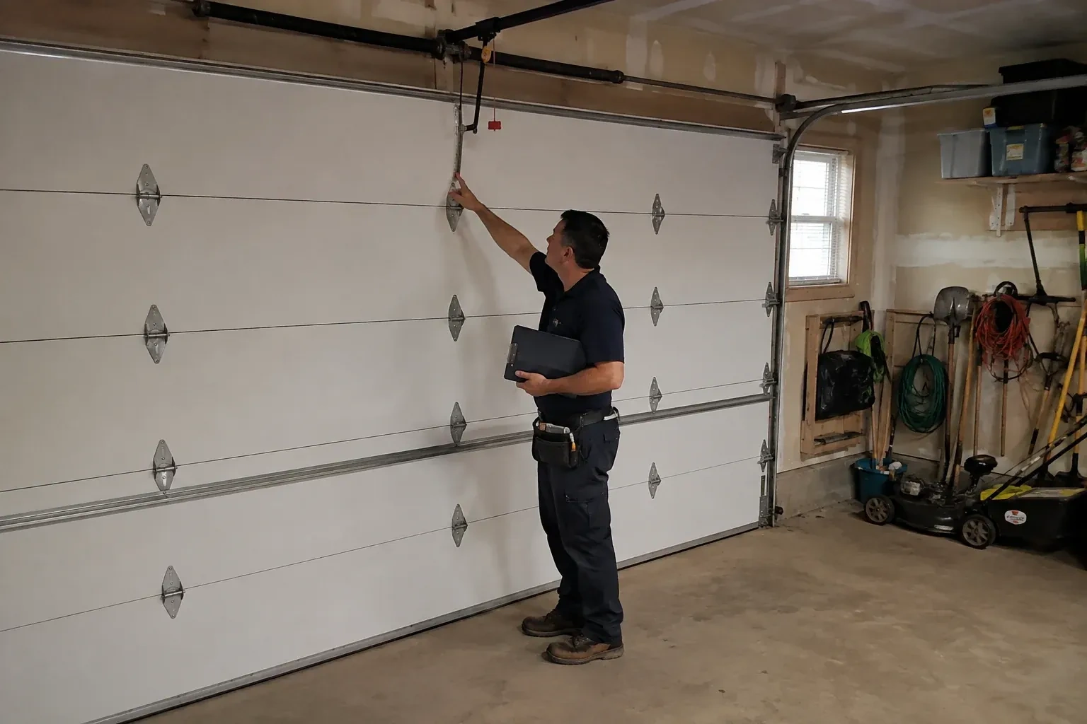 A person holding a clipboard examines the interior hardware of a closed garage door. — Garage Door Tune-Up, Collingwood