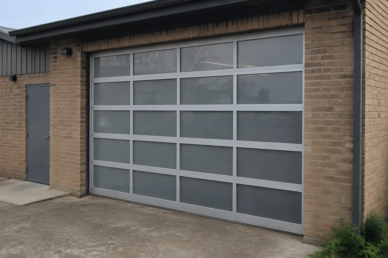Closed glazed sectional door in a grey metal frame at a brick workshop. — Full-View Glass Garage Door Installation, Collingwood