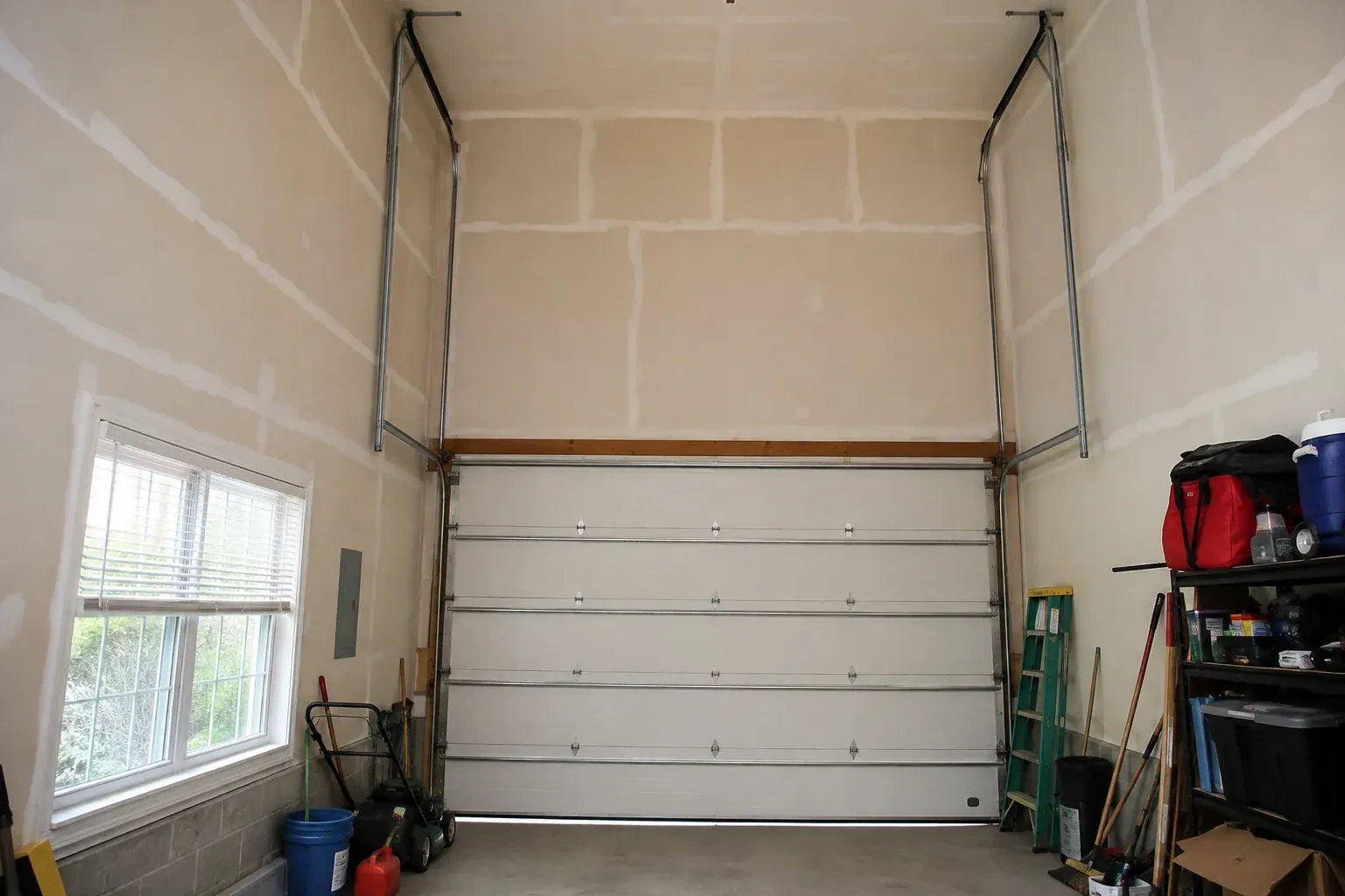 Tall garage interior with a sectional door and tracks extending into overhead space. — High-Lift Garage Door Conversion, Collingwood