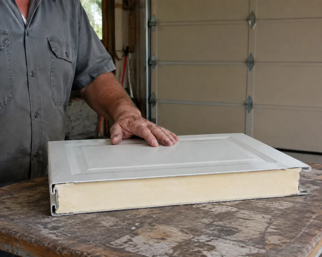 A panel sample exposes a cream foam core between thin metal faces on a garage workbench. — Insulated Steel Garage Door Installation, Collingwood