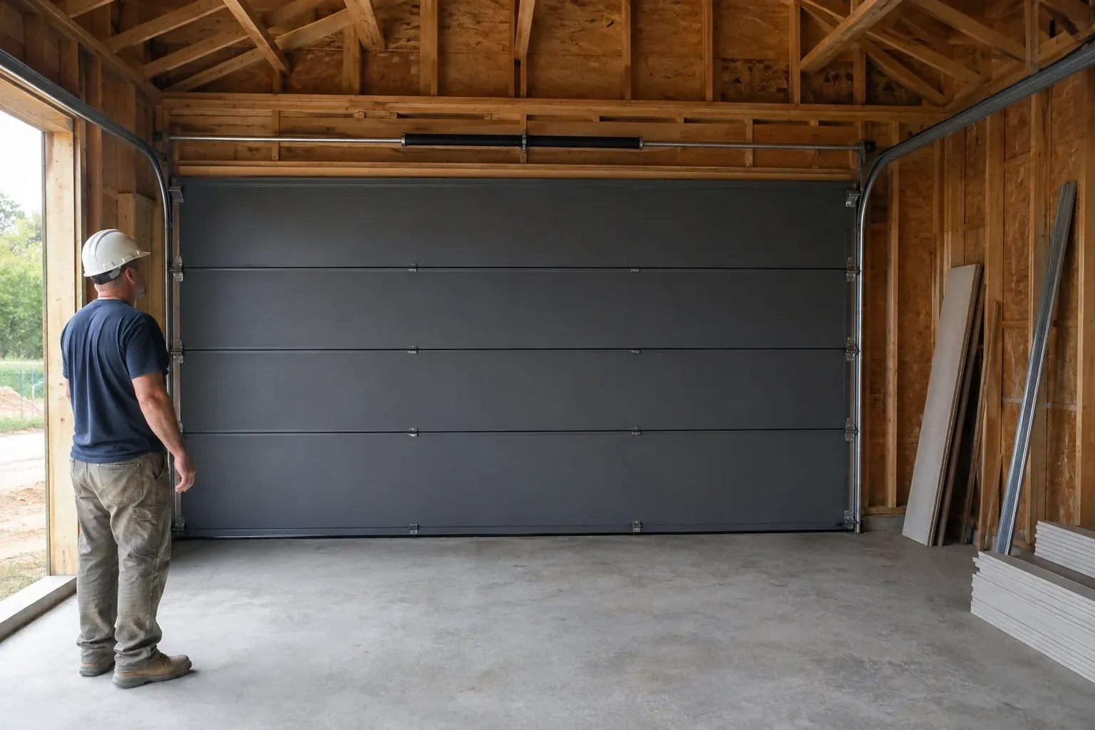 A person wearing a hard hat stands beside a dark sectional door in an unfinished timber-framed garage. — New-Construction Garage Door Installation, Collingwood