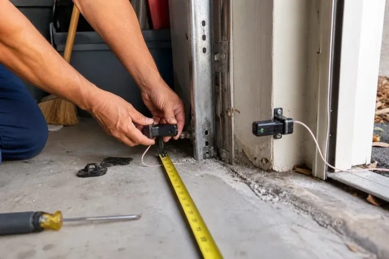Hands holding a small wired device beside another mounted device and a tape measure at a garage-door opening — Photo-Eye Sensor Alignment or Replacement, Collingwood