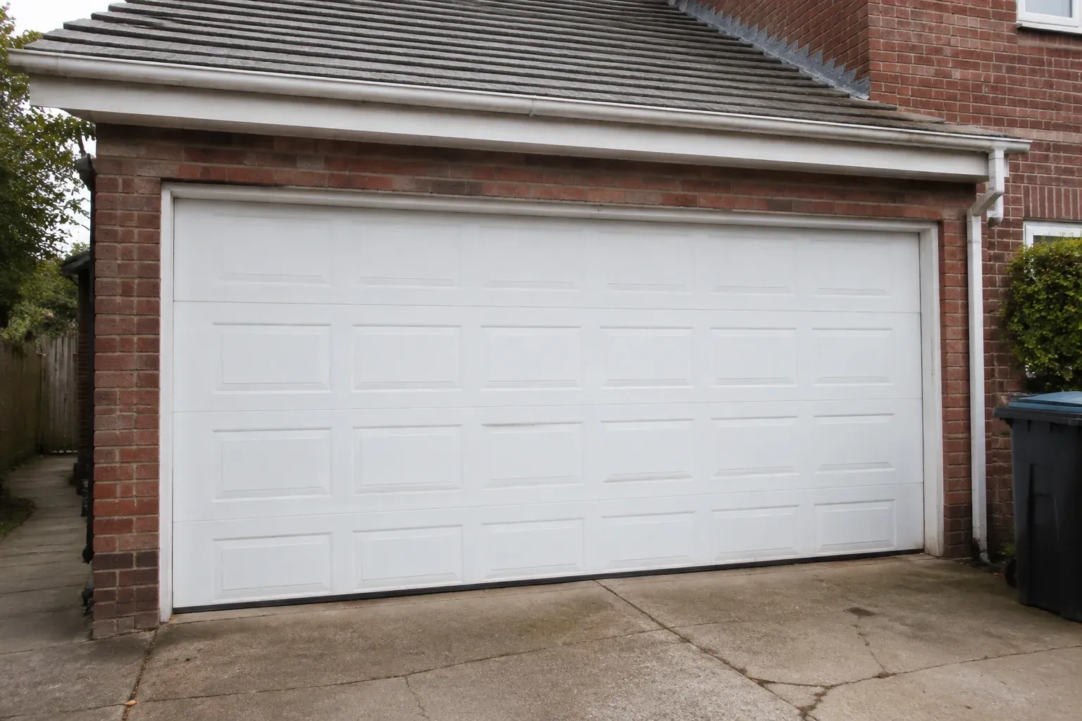 Closed white sectional garage door at an ordinary brick house. — Sectional Garage Door Replacement, Collingwood