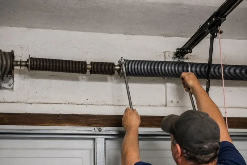 Person holding metal bars beside exposed coiled springs above a garage door. — Torsion Spring Replacement, Collingwood