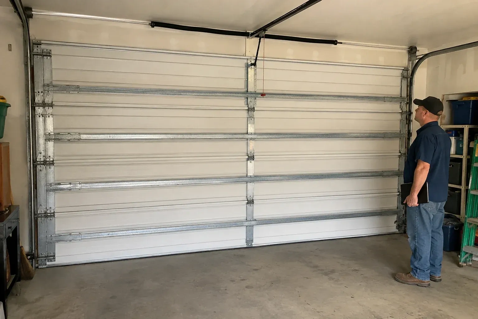 A person examines horizontal metal reinforcement members across the interior of a closed garage door. — Wind-Rated Garage Door Replacement, Collingwood